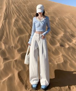 High-Waisted Wide-Leg Jeans for Women, 2025 American Retro Loose Fit Draped Trousers, Slimming Straight Pants