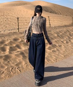 High-Waisted Wide-Leg Jeans for Women, 2025 American Retro Loose Fit Draped Trousers, Slimming Straight Pants