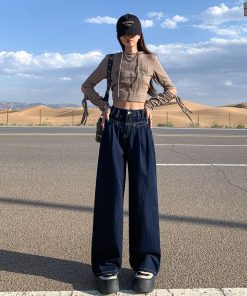 High-Waisted Wide-Leg Jeans for Women, Off-White Vintage Loose Fit, 2025 American Style Draped Floor-Length Trousers