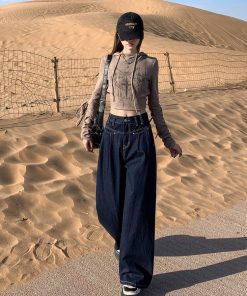 High-Waisted Wide-Leg Jeans for Women, Off-White Vintage Loose Fit, 2025 American Style Draped Floor-Length Trousers