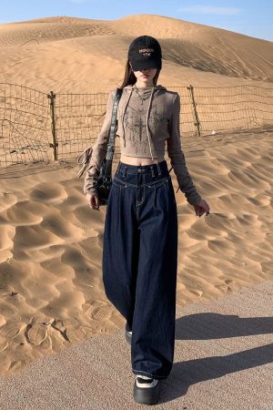 High-Waisted Wide-Leg Jeans for Women, Off-White Vintage Loose Fit, 2025 American Style Draped Floor-Length Trousers