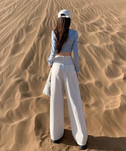 High-Waisted Wide-Leg Jeans for Women, Off-White Vintage Loose Fit, 2025 American Style Draped Floor-Length Trousers