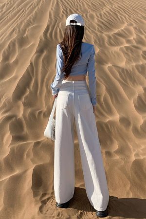 High-Waisted Wide-Leg Jeans for Women, Off-White Vintage Loose Fit, 2025 American Style Draped Floor-Length Trousers