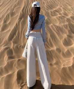 High-Waisted Wide-Leg Jeans for Women, Off-White Vintage Loose Fit, 2025 American Style Draped Floor-Length Trousers