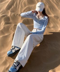 High-Waisted Wide-Leg Jeans for Women, Off-White Vintage Loose Fit, 2025 American Style Draped Floor-Length Trousers