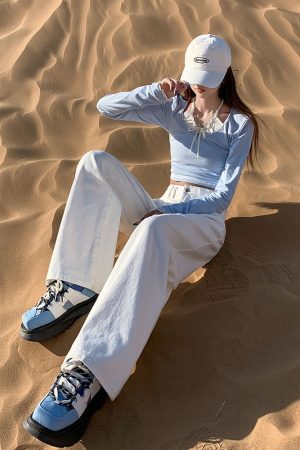 High-Waisted Wide-Leg Jeans for Women, Off-White Vintage Loose Fit, 2025 American Style Draped Floor-Length Trousers