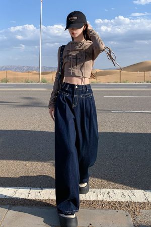 High-Waisted Wide-Leg Jeans for Women, Off-White Vintage Loose Fit, 2025 American Style Draped Floor-Length Trousers