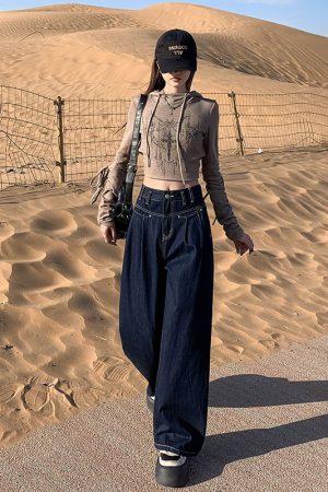 High-Waisted Wide-Leg Jeans for Women, Off-White Vintage Loose Fit, 2025 American Style Draped Floor-Length Trousers