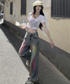 High-Waisted Wide-Leg Jeans for Women, Retro Loose Fit Colorful Graffiti High Street Floor-Length Pants