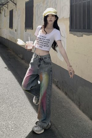 High-Waisted Wide-Leg Jeans for Women, Retro Loose Fit Colorful Graffiti High Street Floor-Length Pants