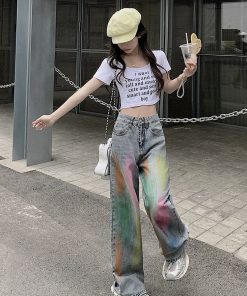 High-Waisted Wide-Leg Jeans for Women, Retro Loose Fit Colorful Graffiti High Street Floor-Length Pants