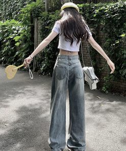 High-Waisted Wide-Leg Jeans for Women, Retro Loose Fit Colorful Graffiti High Street Floor-Length Pants