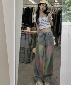 High-Waisted Wide-Leg Jeans for Women, Retro Loose Fit Colorful Graffiti High Street Floor-Length Pants