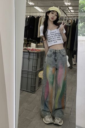 High-Waisted Wide-Leg Jeans for Women, Retro Loose Fit Colorful Graffiti High Street Floor-Length Pants