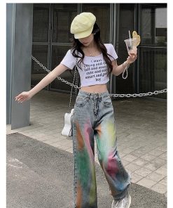 High-Waisted Wide-Leg Jeans for Women, Retro Loose Fit Colorful Graffiti High Street Floor-Length Pants