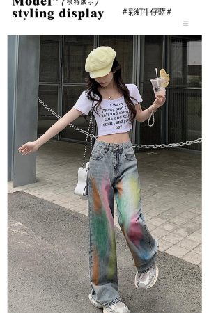 High-Waisted Wide-Leg Jeans for Women, Retro Loose Fit Colorful Graffiti High Street Floor-Length Pants
