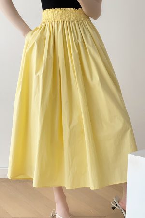 High-Waisted Yellow A-Line Skirt for Women, Pleated Elastic Waist, Draping Design, Slimming Umbrella Style, 90s-Inspired Fashion