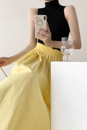 High-Waisted Yellow A-Line Skirt for Women, Pleated Elastic Waist, Draping Design, Slimming Umbrella Style, 90s-Inspired Fashion