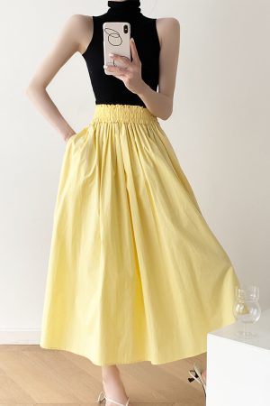 High-Waisted Yellow A-Line Skirt for Women, Pleated Elastic Waist, Draping Design, Slimming Umbrella Style, 90s-Inspired Fashion