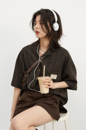 Hijabi Basic Outfit, Hijabi Closet Essentials - Dark Academia V-Neck Plaid Shirt