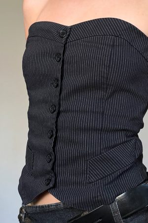 Hipster Street Style Vertical Stripe Strapless Top with Waist-Cinching Slim Fit - Vintage-Inspired Blouse for Y2K Fashion Lovers