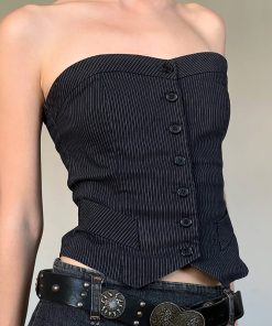 Hipster Street Style Vertical Stripe Strapless Top with Waist-Cinching Slim Fit - Vintage-Inspired Blouse for Y2K Fashion Lovers