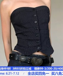 Hipster Street Style Vertical Stripe Strapless Top with Waist-Cinching Slim Fit - Vintage-Inspired Blouse for Y2K Fashion Lovers