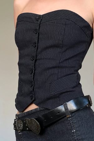 Hipster Street Style Vertical Stripe Strapless Top with Waist-Cinching Slim Fit - Vintage-Inspired Blouse for Y2K Fashion Lovers