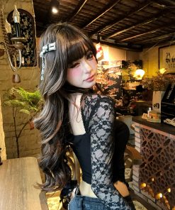 Hollow Lace Halter Neck T-shirt for Women - Virtual Butterfly Print, Irregular Design, Slim Fit, Sexy Long Sleeve for Spring Summer