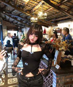 Hollow Lace Halter Neck T-shirt for Women - Virtual Butterfly Print, Irregular Design, Slim Fit, Sexy Long Sleeve for Spring Summer