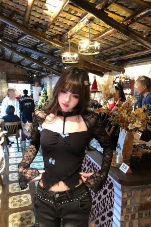 Hollow Lace Halter Neck T-shirt for Women - Virtual Butterfly Print, Irregular Design, Slim Fit, Sexy Long Sleeve for Spring Summer