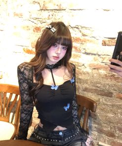 Hollow Lace Halter Neck T-shirt for Women - Virtual Butterfly Print, Irregular Design, Slim Fit, Sexy Long Sleeve for Spring Summer