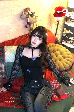 Hollow Lace Halter Neck T-shirt for Women - Virtual Butterfly Print, Irregular Design, Slim Fit, Sexy Long Sleeve for Spring Summer