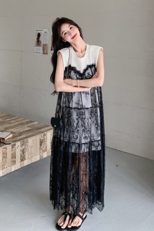 Hollow Lace Spliced Dress for Summer - Stylish and Elegant Design for May Day Outings, Trendy Fashion Statement