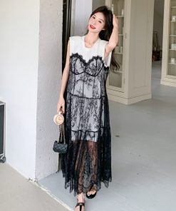 Hollow Lace Spliced Dress for Summer - Stylish and Elegant Design for May Day Outings, Trendy Fashion Statement