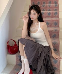 Hollow Out Butterfly Lace Camisole - Versatile Summer Top for Hot Girls, Slimming Fit, Pleated Skirt Style, Y2K Fashion