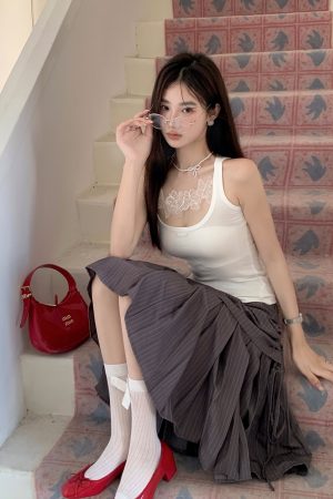 Hollow Out Butterfly Lace Camisole - Versatile Summer Top for Hot Girls, Slimming Fit, Pleated Skirt Style, Y2K Fashion