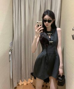 Hollow-Out Sleeveless Dress with Bow Tie, Waist-Cinching Slim-Fit Design, Elegant Sexy Short Skirt for Summer, Y2K Style