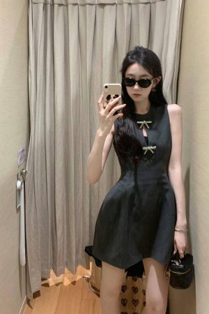 Hollow-Out Sleeveless Dress with Bow Tie, Waist-Cinching Slim-Fit Design, Elegant Sexy Short Skirt for Summer, Y2K Style