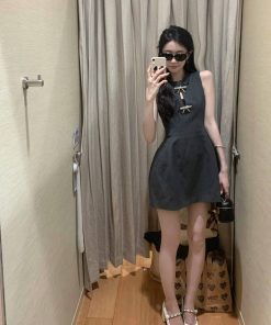 Hollow-Out Sleeveless Dress with Bow Tie, Waist-Cinching Slim-Fit Design, Elegant Sexy Short Skirt for Summer, Y2K Style