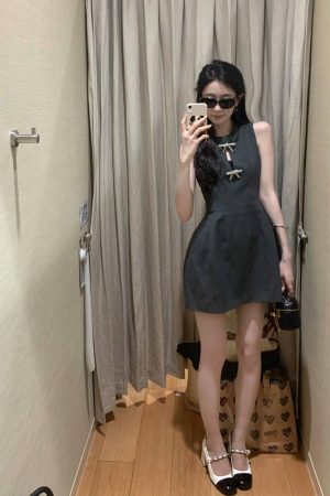 Hollow-Out Sleeveless Dress with Bow Tie, Waist-Cinching Slim-Fit Design, Elegant Sexy Short Skirt for Summer, Y2K Style