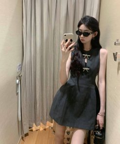 Hollow-Out Sleeveless Dress with Bow Tie, Waist-Cinching Slim-Fit Design, Elegant Sexy Short Skirt for Summer, Y2K Style