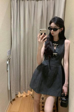 Hollow-Out Sleeveless Dress with Bow Tie, Waist-Cinching Slim-Fit Design, Elegant Sexy Short Skirt for Summer, Y2K Style