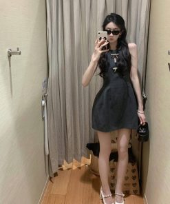 Hollow-Out Sleeveless Dress with Bow Tie, Waist-Cinching Slim-Fit Design, Elegant Sexy Short Skirt for Summer, Y2K Style