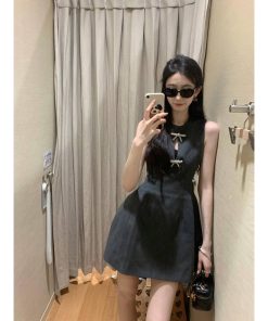 Hollow-Out Sleeveless Dress with Bow Tie, Waist-Cinching Slim-Fit Design, Elegant Sexy Short Skirt for Summer, Y2K Style