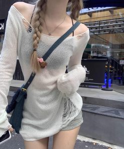 Hollowed-Out Knitted Cardigan for Women - American Style, Slim Fit, Layered Design, Elegant Autumn Fashion Top