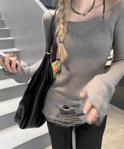 Hollowed-Out Knitted Cardigan for Women - American Style, Slim Fit, Layered Design, Elegant Autumn Fashion Top