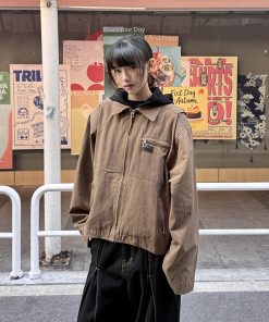 Hooded Faux Two-Piece Detroit Jacket for Men and Women, Vintage American Style, Short Spring and Autumn Outerwear