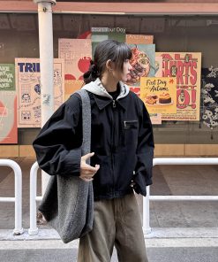 Hooded Faux Two-Piece Detroit Jacket for Men and Women, Vintage American Style, Short Spring and Autumn Outerwear