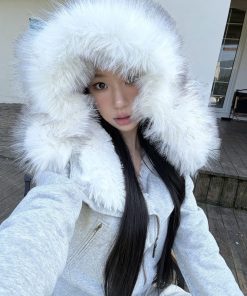 Hooded Fur Collar Cotton Coat for Women, Diagonal Placket, Plush Lining, Black and Floral Gray, Stylish Winter Outerwear